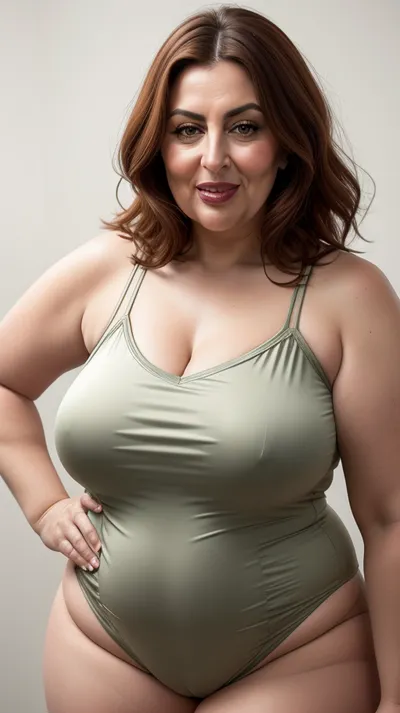 Armenian, (Close-up:1.3), portrait photo a mature obese woman, gilf, saggy, fat round face, double chin, fat, hips, 60 years old Woman, green eyes, auburn layered haircut, strong jawline, seductive smile, lips parted, teeth showing, (mouth open), looking at viewer, (solid blank background:1.3), eye level shoot, film grain, style by Flora Borsi, OverallDetail, v-neck spaghetti strap satin camisole, with, (pokies), fupa, cameltoe, standing