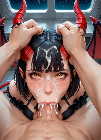 masterpiece, best quality, highly detailed, (anime:1.2), BREAK, male pov, (close up focus on girl's face deepthroating viewer's penis, all the way to the base:1), (deepthroat:1.5), looking up, looking at viewer, ((pov hands, horn grab, grabbing, pressing her head down onto penis, all the way to the base, balls deep, succubus grabbing viewer, she struggles as he pushes her head down to the base of his cock and she grabs the viewer's arms with her hand while also smacking his thigh with her other hand)), (succubus grabbing viewer with her hand while smacking viewer's thigh with her other hand, she is trying to tap out by hitting viewer's thigh, tapping out, succubus struggling as viewer pushes her head down onto penis balls deep:1.2), (really dark science fiction movie scene, extreme darkness, really dark and romantic environment, extremely low lit environment with celestial lighting from outer space being the only source of light), (viewer has a large erect penis twitching, after_facial, succubus sucks on viewer's penis, giving viewer a blowjob, deepthroat, ballsdeep, all the way to base, she slobbers and sucks on his cock covering it with her saliva, her face pressed to the base of his penis as she chokes and gags on his cock as it cums down her throat:1), (twitching_penis, overstimulated_penis:1), (cum on face), (cum in hair), cum covered clothes, ((oral creampie)), (a gorgeous 25 year old white succubus with, demonic wings on her back, horns, tail:1.2), natural b cup breasts, perfect nipples, (succubus has long black hair bob haircut:1.2), (succubus has orange eyes), (succubus has a pregnant belly), slim, athletic, pregnant, gymnast body, (succubus is wearing a really tight and unzipped black bodysuit:1), trapped aboard a spaceship, they try to hide together in an unoccupied part of the ship, (together inside a spaceship in outer space, in the background is a really large window showing many battlecruisers in outer space orbiting a black hole, outer space:1.2), realizing they have to wait it out before help can come they decide to have some fun together, (she is having a lot of fun teasing his cock, she keeps bringing him close to orgasm but she is shocked and surprised this time as the viewer grabs her horns as she grabs his arms trying to stop him from forcing her head down his penis, struggling, tears, her head being pressed down by viewer's hands onto his cock all the way to the base as he releases a massive load of cum down her throat, her head pushed down to the base of viewer's penis as it twitches and cums inside her mouth, cum overflows and spurts from her mouth, cum dripping down from lips onto the man's lower stomach:1.2), (extremely dim lighting with source only from celestial lighting from outer space, darkness, extremely dark room, romantic atmosphere:1.2), (extremely dark and romantic environment:1), (all lights are out in room, dim celestial lighting from outer space is the only source of lighting:1), <lora:Animated_Concept:1>