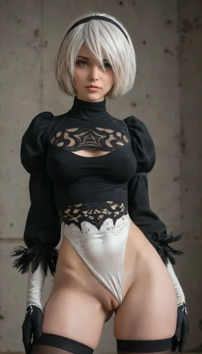 (Yorha 2B:1.8), (close:1.8), (cute and shy:1.2), adorable beautiful young slutty curvy lovable sensational incredibly hot cutie, perfectly exceptional incredibly sexy and super fuckable, (looks back at viewer:1.1), flirtatious and teasing, close, (large extremely sexy alluring seductive eyes:1.6), long dark eyelashes, perfect dark sexy seductive makeup, (perfect natural lustful kissable lips:1.2), (luscious hair:1), (straight hair:1.2), perfect female body, (every young adult part of her is beautiful alluring sexy and perfectly proportioned:1.4), athletic, narrow shoulders and chest, curvy figure, very natural shapely perky breasts, small areolas, erect nipples, (beautiful smooth tight tiny hairless pussy:1.4), wide hips, thigh gap, perfect ass, muscular thighs, beautiful long legs, (tanned:1.2), sexy tan lines, choker, (black dress:1.4), (silver leotard:1.4), black stockings, elegant black boots, (visible pussy:1.4), (posing erotically and sensually:2), deserted alleyway, <lora:add-detail-xl:1.5>, <lora:289505_training_data:1.5>