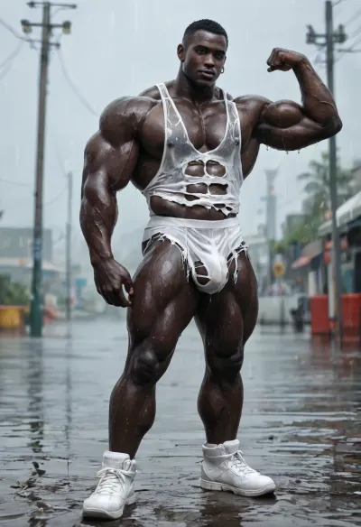 Full body view, far view, african black man, drk black sin, bodybuilder body, guge muscles, excessive hairy black body, big pecs, big bulge, big tits, big ass booty, bubblebutt rond ass, big ass, (big booty:1.5), african gay man, (black body:1.7), exhibiting his big booty, wearing wet white net transparent speedo and wet white net transparent tank top, torn speedo, torn tank top, (white outfits:1.8), (torn outfits:1.6), wet outfits, exhib, hot, only gay man, black male, huge muscles, standing sexy pose, under heavy rain, rainning, wet, front view, flexing his biceps, sexy position