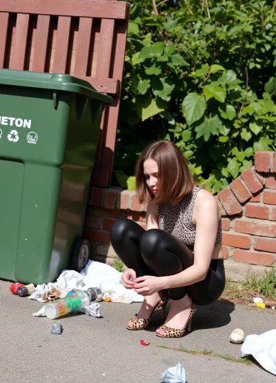 The photograph depicts a young woman with shoulder-length brown hair, sitting hunched over on the ground. She's wearing a metalic leopard-print sleeveless top, black latex leggings, and pvc shiny leopard-print high-heeled shoes. Her posture is slumped, and her head is bowed, giving an impression of exhaustion. Sleeping. She appears to be holding or examining something small in her hands.

The setting is outdoors, in a somewhat disheveled and unkempt area. She is seated against a brick wall, partially hidden by overgrown green foliage. Beside her are various items of rubbish, scattered on the ground, crumpled papers, plastic wrappers, bottle caps, and what looks like the remnants of a vodka bottle. A white piece of fabric, possibly a discarded garment or sheet, lies partially under her. A large green recycling bin, clearly labeled with the word "TION", (partially obscured), and recycling symbols, is prominent in the left foreground. A weathered, reddish-brown wooden pallet is leaning against the wall behind the bin, adding to the overall sense of neglect and disarray.

The overall atmosphere is one of somberness and despair. The contrast between the woman's somewhat stylish clothing and the squalid surroundings accentuates the feeling of displacement or hardship. The scattered litter and the woman's dejected posture contribute to a sense of sadness and isolation. The bright sunlight filtering through the scene adds a touch of irony to the overall bleakness.