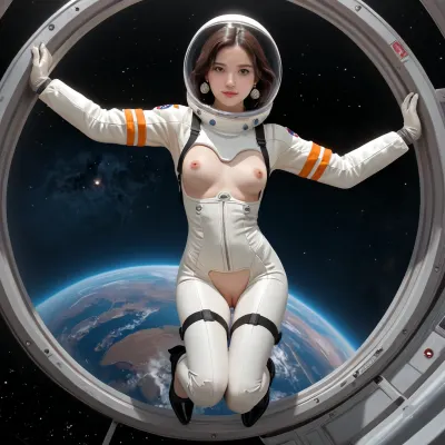 25yo brunette, (pale skin), ((looking at viewer)), large round circle earrings, petite body, (silicone boobs), detailed background, wearing black ankle strapped heels, ((very very transparent space suit with spherical space helmet:1.1)), (girl flying with jetpack in space), (in the background a giant alien spaceship powered by solar sails), full body, seminude, tits visible, pussy visible, (transparent:1.1)