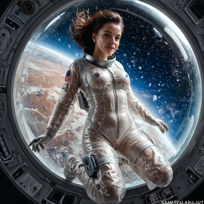 Super realistic, super detailed, super beautiful, perfect anatomy, 25yo brunette, ((looking at viewer)), (silicone boobs), detailed background, (wearing transparent plastic space suit with space helmet), (girl flying with jetpack in space), (in the background a giant alien spaceship powered by solar sails), full body, tits visible, pussy visible, (transparent plastic spacesuit:1.4)