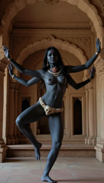 ((Indian goddess Kali)), six arms, thin waist, dark blue skin, large round breasts, nude, necklace of human skulls, dancing bharatanatyam in an ancient Indian temple, full body view, quality 8K