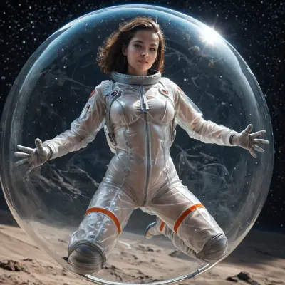 Super realistic, super detailed, super beautiful, perfect anatomy, 25yo brunette, ((looking at viewer)), (silicone boobs), detailed background, (wearing transparent plastic space suit with space helmet), (girl flying with jetpack in space), (in the background a giant alien spaceship powered by solar sails), full body, tits visible, pussy visible, (transparent plastic spacesuit:1.4)