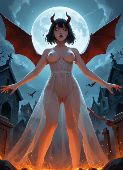 masterpiece, best quality, highly detailed, (anime:1.2), BREAK, tragedy, (below view of ghost succubus), leaning forward with her front facing viewer, (close up focus on ghost girl's face:1.2), in an alternate reality succubus ghost flying in the air above the cemetery mourning that she cannot be reunited with her human husband and she continues a never ending search for him, (succubus ghost flying over a cemetery, at night, floating in the air with her feet not touching the ground, between her feet and the ground, she is not aware of how eerie and scary her own demonic and now ghostly appearance is), (background is a really dark and depressing cemetery with a full moon and creepy crows flying in the sky), (a transparent succubus is a ghost in a haunted house:1.2), (her body is a cold light blue color and her entire body is transparent, ethereal, the succubus is now a ghost:1.4), she says to herself "Well, I fucked up this time, not sure why I didn't just make my way back to Hell... At one time an angel and now this time a ghost... is someone fucking with me?! Why the fuck am I just a ghost and now in fucking limbo?!", succubus fell in another battle earlier and she is now in limbo as a ghost haunting the town cemetery looking for her lost husband, she is really sad, depressed, crying a lot of tears, tired and frustrated as she tries to figure out how she got herself into this predicament, (a gorgeous 25 year old white transparent succubus ghost with, demonic wings on back, horns, tail:1.2), (her body is ethereal:1.4), (natural b cup breasts, perfect nipples), beautiful pussy, (succubus has long black hair bob haircut:1.2), (orange eyes), slim, athletic, gymnast body, she is wearing a loose and elegant see-through transparent dress though she doesn't know why, <lora:Animated_Concept:1>, <lora:Aether_Ghost_v1.1_LoRA:.5>