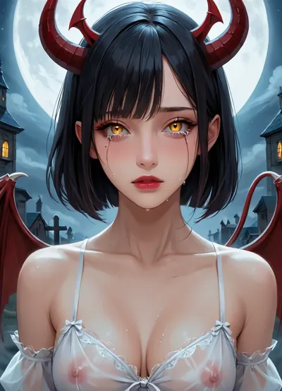 masterpiece, best quality, highly detailed, (anime:1.2), BREAK, tragedy, leaning forward with her front facing viewer, (close up focus on girl's face, only her upper body in view:1.5), in an alternate reality succubus ghost flying in the air above the cemetery mourning that she cannot be reunited with her human husband and she continues a never ending search for him, (succubus ghost flying over a cemetery, at night, floating in the air with her feet not touching the ground, between her feet and the ground, she is not aware of how eerie and scary her own demonic and now ghostly appearance is), (background is a really dark and depressing cemetery with a full moon and creepy crows flying in the sky), (a transparent succubus is a ghost in a haunted house:1.2), (her body is a cold light blue color and her entire body is transparent, ethereal, the succubus is now a ghost:1.4), she says to herself "Well, I fucked up this time, not sure why I didn't just make my way back to Hell... At one time an angel and now this time a ghost... is someone fucking with me?! Why the fuck am I just a ghost and now in fucking limbo?!", succubus fell in another battle earlier and she is now in limbo as a ghost haunting the town cemetery looking for her lost husband, she is really sad, depressed, crying a lot of tears, tired and frustrated as she tries to figure out how she got herself into this predicament, (a gorgeous 25 year old white transparent succubus ghost with, demonic wings on back, horns, tail:1.2), (her body is ethereal:1.4), (natural b cup breasts, perfect nipples), beautiful pussy, (succubus has long black hair bob haircut:1.2), (orange eyes), slim, athletic, gymnast body, she is wearing a loose and elegant see-through transparent dress though she doesn't know why, <lora:Animated_Concept:1>, <lora:Aether_Ghost_v1.1_LoRA:.5>