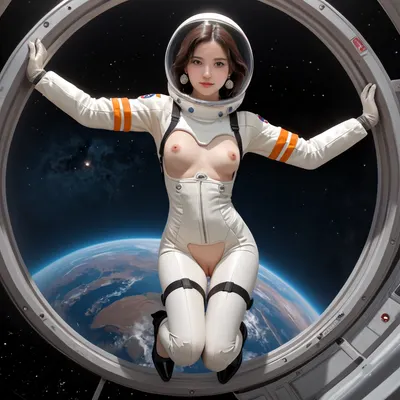 25yo brunette, (pale skin), ((looking at viewer)), large round circle earrings, petite body, (silicone boobs), detailed background, wearing black ankle strapped heels, ((very very transparent space suit with spherical space helmet:1.1)), (girl flying with jetpack in space), (in the background a giant alien spaceship powered by solar sails), full body, seminude, tits visible, pussy visible, (transparent:1.1)