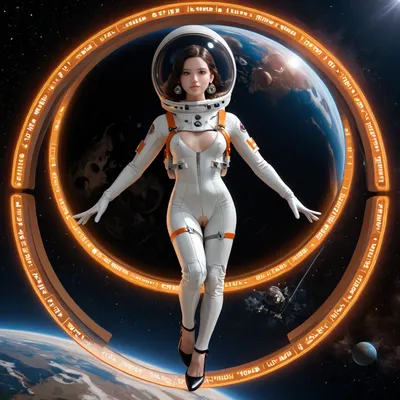 25yo brunette, (pale skin), ((looking at viewer)), large round circle earrings, petite body, (silicone boobs), detailed background, wearing black ankle strapped heels, ((very very transparent space suit with spherical space helmet:1.1)), (girl flying with jetpack in space), (in the background a giant alien spaceship powered by solar sails), full body, seminude, tits visible, pussy visible, (transparent:1.1)