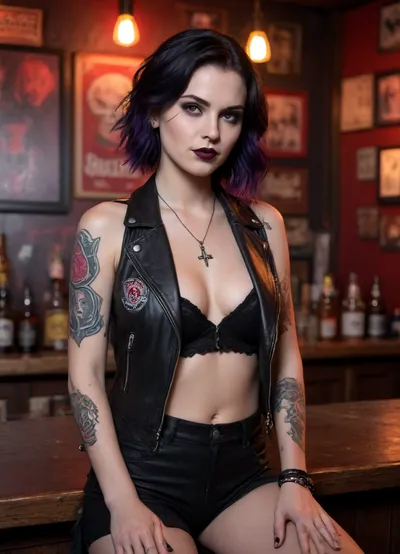 young goth-style woman seated in a dark metal bar. Full body shot. Her pale complexion contrasts with her deep black lipstick and heavy smoky eye makeup. Gothic tattoos on her body, Jet-black hair, partially shaved on one side, cascades in loose waves over her shoulder, with hints of deep red highlights. She's wearing a black leather jacket over her topless chest, layered with silver necklaces, including a pentagram pendant. Her expression is cool and intense, with a slight, knowing smirk. Behind her, the bar is dimly lit with red and violet ambient lights, casting moody shadows. Skulls, band posters, and vintage metal memorabilia line the walls. A faint haze of smoke curls through the air, and the glow of neon beer signs adds a gritty, atmospheric touch. The focus is on her face and upper body, capturing her rebellious elegance and the raw energy of the scene.