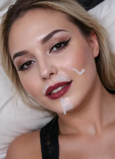 lightly smiling woman with a warm expression with thick white cum on her face, (bold winged eyeliner), elegant long ombre hair, brown eyes, laying on her side, black eyeshadow, (indirect lighting), eye contact, 8k, mouth open, very dark lipstick, facial, white cum on face, covered in thick white cum, <lora:Facials:.2>