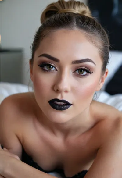 ecstatic beautiful woman with a dreamy expression, light eyes, (bold winged eyeliner), 1.3, hair tight ponytail, in her 20s, laying on her side, (indirect lighting), eye contact, 8k, mouth open, black lipstick, <lora:cockteaseLoRASDXL:1>