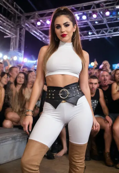 beautiful 40 years old woman, raised nasal tip, modest smile, (dark red lipstick), (brown eyeshadow), wearing very tight long white leggings pants, ((very tight long white leggings pants:1.5)), (dressed people in background), (rave tomorrowland party:1.6), (gymnastic body, raised nasal tip, modest smile, (sweating), (naked shaved pussy), beautiful thin face, slim body, narrow waist, ((straight-wavy long black hair)), small breasts, ((full length view)), highest quality, perfect quality, natural, summer, sunny, (((brown platform knee boots:1.6))), clothes, ((((full body shot)))), ((small breast)), ((nipples)), ((camel toe:1.6)), (((black tight crop top))), (wide black metal belt:1.5), ((tigh gap:1.8)), (lump between legs:1.8), standing at a tomorrowland festival, (full body visible from a distance), Small breasts, wearing a tiny croptop, (underknee boots:1.8), (Long ponytail hair 3/4 hair:1.7), adorned with elegant jewelry. Submissive expression, (making intense eye contact with the viewer. rear view:1.8), (perfect facial features:1.8), flawless lighting., (tiny tight-fitting white microskirt:1.7), Focus on her curves and outfit's tight fit, full shot, (bubble ass:1.5), (spreading legs:1.6), woman dancing between hundred of people, party, pary lights, (no flash light:1.6), low luminosity, dancing with two men, gropped by two men, being squeezed from behind having fun)