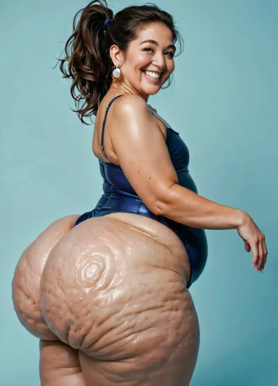 ultra realistic, side view, very old 80 years old woman is walking, bouncing butt, big fat obese mature mexican grandmother, plump chubby stacked woman, very old, fat, plump, slightest cellulite, flat chest, very tight shiny leotard, ((oversized rounded butt)), straight ponytail hairstyle, very messy hair, good hands, perfect fingers, oversized hips, (super big round butt:1.8), (super rounded butt), gigantic curvy butt, old wallpaper background, ohwx25, woman, big smile, gaped teeth, happy, <lora:happy_v2:2>