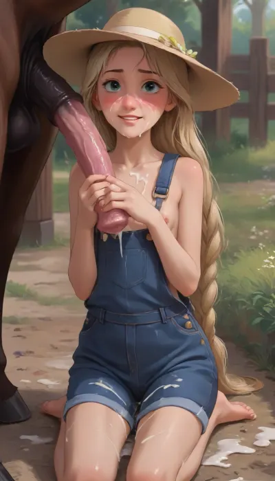 Young Rapunzel, beautiful 18 year old, blonde, long hair, strong blush, smile, Barefoot tiny breast, small breasts, flat chest, (naked farmer), (wear sun hat), (denim overalls), On my knees under horse, cumming, cum splash everywhere, (grab cock), (1horse cock), (milking handjob), (huge cum load), cumming in face, cum string, cum splatter, cum spray, massive load, cum on face, cum on chest, zoophilia, bestiality, (j_cartoon:1.5), cowboy shot, (shiny skin:1.2), [wet with oil], 0.3, <lora:Animated_Concept:.3>, <lora:NEOTOKIOXL_0.2_RC:.8>, <lora:outline_xl_kohaku_delta_spv5x:.8>