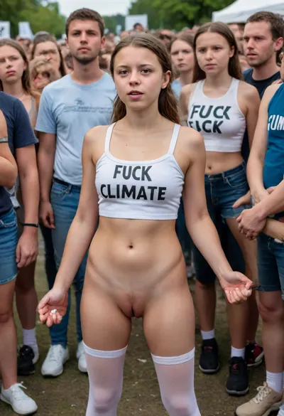 (candid photo, soft focus, professionally colored, 8K UHD, insanely detailed), ((climate activist having sex)), (braces, pointy nose, hard nipples, wearing knee socks, wearing sneakers), (((wearing crop top with the word "FUCK CLIMATE" written on it))), (climate protest demo, spectators on looking at woman, public sex, sex show), (Photo realistic), crowd, of, people, labia, clitoris, big, open, spread, closed, medium, large, long, pubic, hair, bad, lighting, bright, 1-alpha, revstanding, <lora:BetterTextRedmond:.8>, <lora:revsex_SDXL_1_:.8>