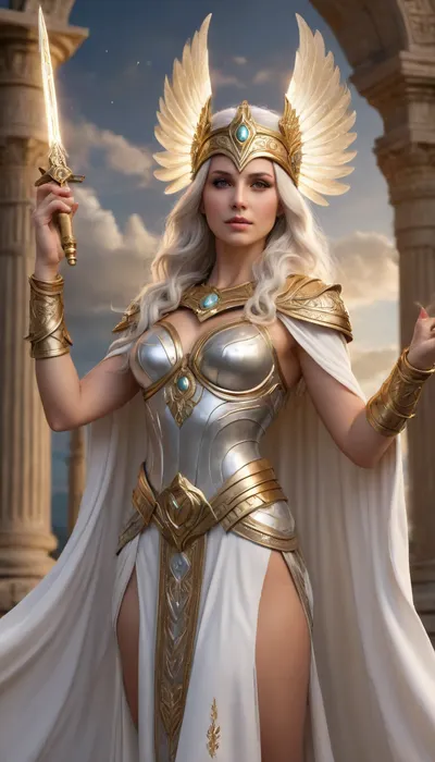 A divine, majestic goddess Athena styled as a regal, powerful Mu-telu fantasy deity — tall and graceful, with radiant porcelain skin, flowing glowing silver hair tinged with bronze, piercing grey eyes full of wisdom and power. She wears an intricate white and gold divine robe with armor-like golden patterns, subtly adorned with owl and olive motifs. A golden helmet rests lightly upon her head, and she holds a gleaming spear in one hand while extending the other gracefully toward the viewer to bless them. A sacred, shimmering aura of wisdom and protection radiates from her palm, surrounded by glowing geometric runes and celestial rings. Behind her, an ancient Greek temple of wisdom stands atop Mount Olympus, wrapped in swirling dramatic clouds and soft divine light, with flashes of lightning illuminating the sky. Ultra-realistic, cinematic fantasy style, rich in magical and spiritual essence, high detail.