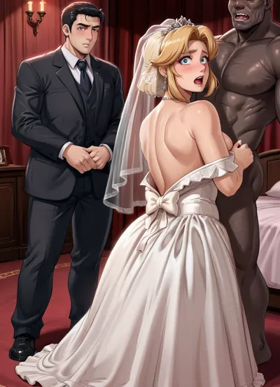 Swedish chubby milf, ((huge black African brute)), (scared:1.2), (white groom undressing bride:1.5), (white groom:1.5), wedding dress, blonde, interracial, moisture art, dross art, reiq art, short slim chubby woman, beautiful detailed face. cheating wife, full body, close view, bedroom, naked African brute, (cuckold undresses her from behind:1.3), tall man short woman, Low-key, lighting, Style, dim, low, dramatic, partially, covered, in, shadow, warm, light, style, perfect, blemish, detailed, (with, blushing, cheeks:1), photo, portrait, <lora:MS_Real_XL_Bukkake:.3>, <lora:polyhedron_all_sdxl-000004:.8>, <lora:real-humans-PublicPrompts:.8>