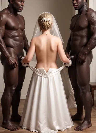 Swedish chubby milf, ((huge black African brute)), (scared:1.2), (white groom undressing bride:1.5), (white groom:1.5), wedding dress, blonde, interracial, short slim chubby woman, beautiful detailed face. cheating wife, full body, close view, bedroom, naked African brute, (cuckold undresses her from behind:1.3), tall man short woman, Low-key, lighting, Style, dim, low, dramatic, partially, covered, in, shadow, warm, light, style, perfect, blemish, detailed, (with, blushing, cheeks:1), photo, portrait, <lora:MS_Real_XL_Bukkake:.3>, <lora:polyhedron_all_sdxl-000004:.8>, <lora:real-humans-PublicPrompts:.8>