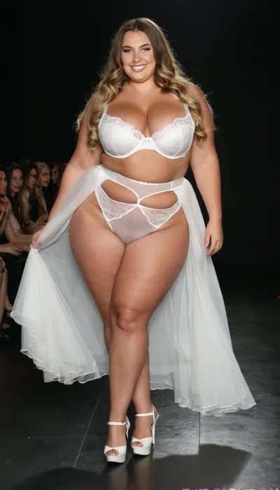 mature old 45 years old, lingerie plus size model, very fat, curvy bbw, glamour, walking at the fashion week, high heels, smile, very sexy high waisted bride white lingerie, full body view, dark blonde, long wave hair, huge culottes, bride costume