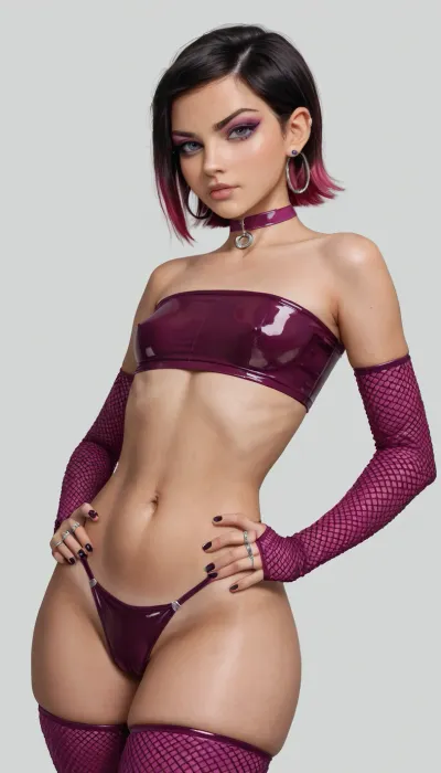 (Gwen Tennyson from Ben 10), Gwen Tennyson hair, black hair, goth perfect makeup, innocent face, (tanned), serious expression, Small perfect tits, perfect small breasts, (Thick thighs:1.3), small waist, Magenta latex tube top, magenta latex pants, fishnet sleeves, magenta choker with silver ring, magenta wrist cuffs, edgy and provocative style, (delta wing glider panties), Cameltoe, tight clothes, Hands on waist front view, (3/4th body view), (white neutral background:1), UhD, 8k, extremely detailed, absurdres, perfecteyes, <lora:add-detail-xl:.8>