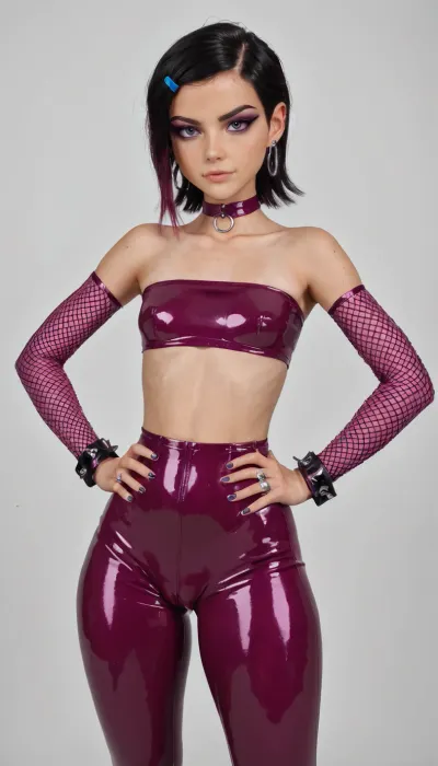 (Gwen Tennyson from Ben 10), black hair, goth perfect makeup, innocent face, (tanned), serious expression, Small perfect tits, perfect small breasts, (Thick thighs:1), Magenta latex tube top, magenta latex pants, fishnet sleeves, magenta choker with silver ring, magenta wrist cuffs, edgy and provocative style, Cameltoe, tight clothes, Hands on waist front view, (3/4th body view), (white neutral background:1), UhD, 8k, extremely detailed, absurdres, perfecteyes, <lora:add-detail-xl:.8>