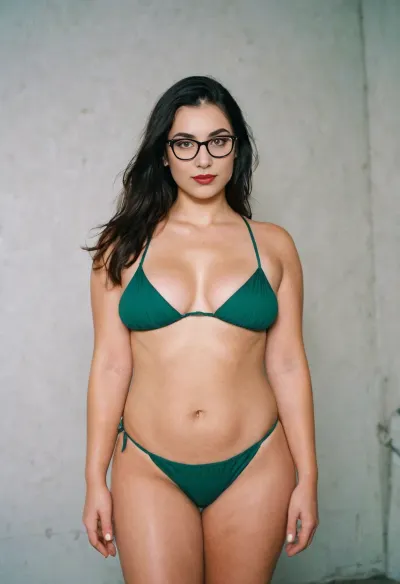 Nervous 35 year old Italian woman poses for a photographer Full body shot, 5'7 tall, long straight black hair, ((wearing eyeglasses)), diamond shaped face, ((Jewish nose)), ((big nose)), bumpy nose, ((hooked nose)), green eyes, thick eyebrows, kind eyes, ((wide thin lips)), ((lips with upturned corners)), ((pronounced cheekbones)), pointy chin, nice skin, pale olive complexion, medium-sized saggy breasts with large pale puffy nipples, fit curvy thick body, ((wearing a revealing bikini)), standing in a photography studio, film, analog, sunset, hard, light, soft, dramatic, lighting, neon, lights, red, blue, green, purple, agfa, ultra, classic, chrome, ektachrome, eterna, fujicolor, c200, kodachrome, 64, kodak, portra, 400, superia, 1600, kodacolor, fujifilm, xt3, grain, polaroid, colored, gels, depth, of, field, dim, golden, hour, color, grading, bokeh, RAW, 0001SRGoodPictureV3