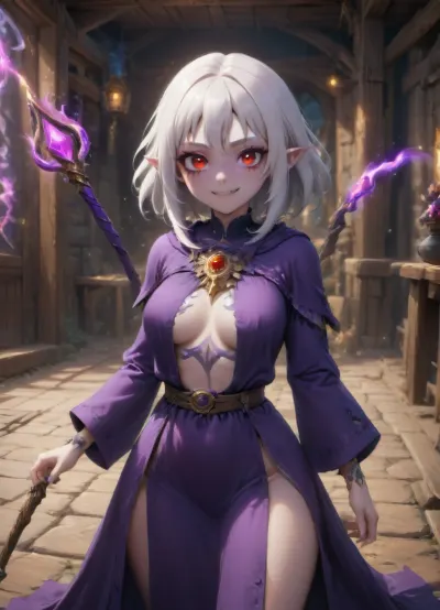 1 girl, dark mage, warlock, white hair, long straight hair, red eyes, fangs, pointed ears, dark purple long robe. smile on face, thoughtful face, poor pale skin, medium length hair, many tattoos, many piercings, medium breasts, magic school, indoors, wooden simple magic staff