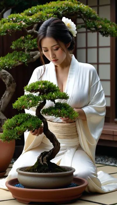 Photorealistic image, Ibeautiful Japanese woman, 25 years old, giant massive very sagging breasts, traditional Japanese hair and makeup, kneeling, luxurious white silk kimono open, (exposing breasts:1.1), ((watering a potted bonsai tree in a blooming garden)), . only one image, super detailed photorealistic image, the whole body in the frame, 8K quality.