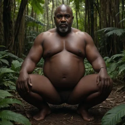 A dad bod bald grey bearded African black man with a huge belly and really black skin squatting in a jungle, placing hands on the thighs, naked and sexy
