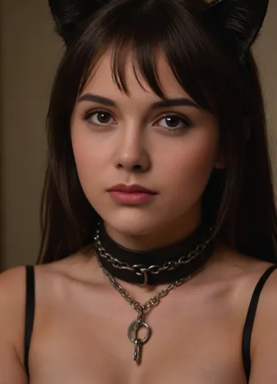 (((girl 18 years old))), (((very young body))), long dark hair, bangs. natural black cat ears., (((very pretty face))), . metal collar on neck, shackles. bare shoulders. half-turned portrait, face, girlish breasts, suffering facial expression, slave_restraints, outfit, <lora:slave_restraints:.2>