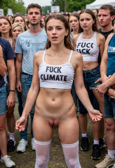 (candid photo, soft focus, professionally colored, 8K UHD, insanely detailed), ((climate activist having sex)), (braces, pointy nose, hard nipples, wearing knee socks, wearing sneakers), (((wearing crop top with the word "FUCK CLIMATE" written on it))), (climate protest demo, spectators on looking at woman, public sex, sex show), (Photo realistic), crowd, of, people, labia, clitoris, big, open, spread, closed, medium, large, long, pubic, hair, bad, lighting, bright, 1-alpha, .5>, revstanding, <lora:BetterTextRedmond:.8>, <lora:revsex_SDXL_1_:.8>