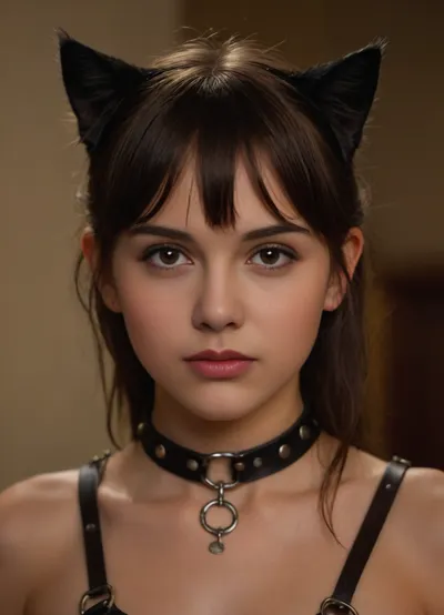 (((girl 18 years old))), (((very young body))), long dark hair, bangs. natural black cat ears., (((very pretty face))), . metal collar on neck, shackles. brown leather harness with buckles, bare shoulders. half-turned portrait, face, girlish breasts, suffering facial expression.