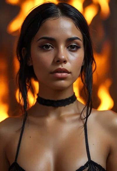 Oiled up goth Latina, tan, lines, <lora:MJ52:.8>, <lora:tan-lines-xl-v1:.8>