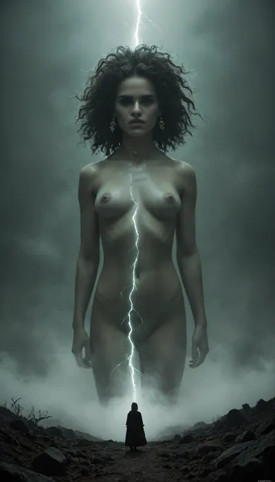 A haunting, cinematic photograph of the silhouette of a towering, serpent-haired figure, inspired by Medusa, emerges eerily from a thick, vibrant purple-green fog that swirls with misty tendrils. The ominous background is a dark, foreboding sky, illuminated by flashes of electric blue lightning that streak across the clouds, casting an unsettling, eerie glow. The atmosphere is tense and foreboding, with an air of menace lurking in the shadows. The snake-haired figure, shrouded in mystery, stands imposingly, its presence commanding attention, while the misty fog dancing around it adds an aura of mystique and ancient power.