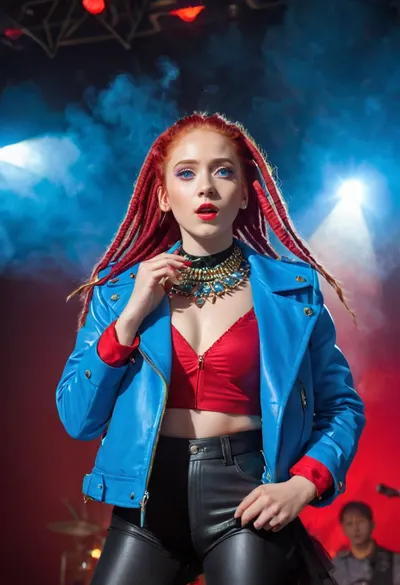 very cute tall young 26 years old skinny european girl, solo girl, (red dreadlocks:1.3), (bright makeup:1.2), (big wide bright blue eyes:1.3), Korean pop style clothes, a colorful blouse, a purple red Leather Jacket, (very fluffy Neckpiece:1.4), girl singing, rock concert, dark, bright spotlights, a lot of smoke fog, (highly detailed faces:1.2), Full body, <lora:CuteLora:.5>, <lora:FaeStyle:.5>