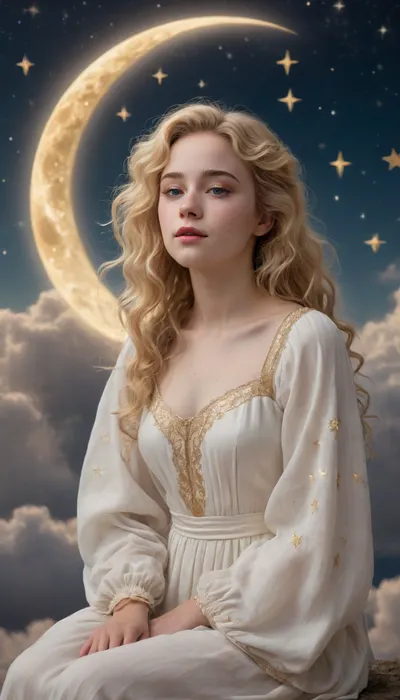 A whimsical illustration of a young woman, with porcelain-like skin, freckles scattered across her cheeks and nose, and a mop of curly, honey-blonde hair, sitting on a crescent moon, surrounded by a halo of stars and crescent-shaped clouds, in a dreamy, celestial atmosphere. Her eyes are closed, and her face is tilted upwards, as if lost in thought or silently praying. She wears a flowing, layered white dress with billowy sleeves, adorned with intricate, hand-drawn golden stars and tiny beads. The moon beneath her is textured, with craters and ridges, and its surface is painted with delicate, swirling patterns in shades of soft blue and gray. The overall style is reminiscent of 19th-century romanticism, with elegant lines, subtle texture, and soft, feathery brushstrokes. The color palette is a mix of soft pastels, cream, and gold, evoking a sense of wonder, magic, and mystery.
