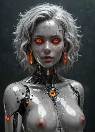 Brunetka 25 lat, nude, silver skin, style haime sorayama art, woman-cyborg, metal skin, cyborg woman, steel skin, FastNegativeV2, BadDream, Perfect face, translucent, transparent, <lora:sdxl_glass:.8>