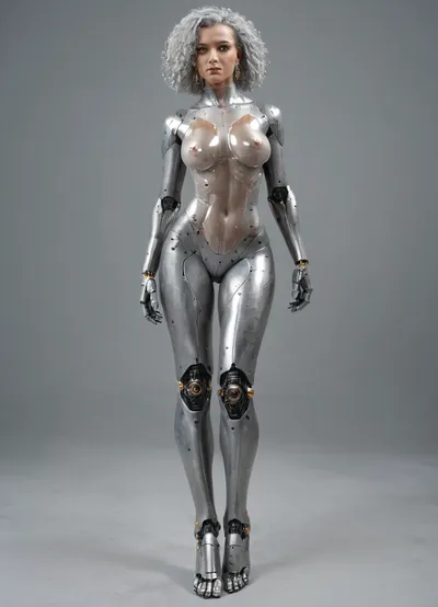 Brunetka 25 lat, nude, silver skin, style haime sorayama art, woman-cyborg, metal skin, cyborg woman, steel skin, FastNegativeV2, BadDream, Perfect face, translucent, transparent, full body, <lora:sdxl_glass:.8>