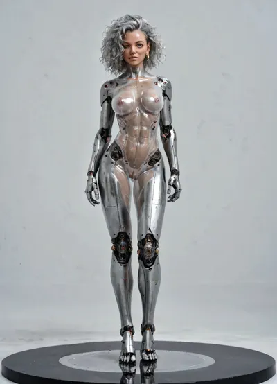 Brunetka 25 lat, nude, silver skin, style haime sorayama art, woman-cyborg, metal skin, cyborg woman, steel skin, FastNegativeV2, BadDream, Perfect face, translucent, transparent, full body, <lora:sdxl_glass:.8>