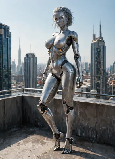 Brunetka 25 lat, nude, silver skin, style haime sorayama art, woman-cyborg, metal skin, cyborg woman, steel skin, FastNegativeV2, BadDream, Perfect face, translucent, transparent, full body, sci-fi, alien city, sky city, SyFyEye1, <lora:sdxl_glass:1.1>, <lora:SyFyEye1_XL_v1.0:1.4>