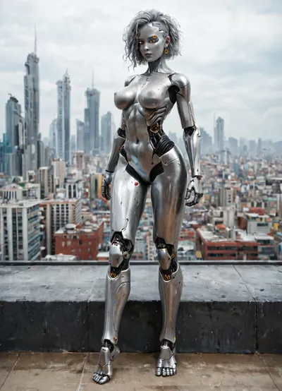 Brunetka 25 lat, nude, silver skin, style haime sorayama art, woman-cyborg, metal skin, cyborg woman, steel skin, FastNegativeV2, BadDream, Perfect face, translucent, transparent, full body, sci-fi, alien city, sky city, SyFyEye1, <lora:sdxl_glass:1.1>, <lora:SyFyEye1_XL_v1.0:1.4>