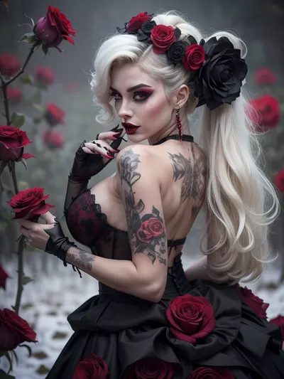A realistic, head to toe photo a fit, thin, perfect body, very pale female standing in a field of black with red roses. She has black with red and white make up with black lipstick and highly detailed, gothic tattoos on her arms, legs, and back. She has neon red with white, long, pigtailed hair. She is wearing a lace, see through, black with red designs, form fitting gown. She is holding one of the roses up by her nose smelling it. The flowers are mixed red and black together. The rain is falling and overcast skies make the photo give a sad vibe. The photo is in 8K, extremely detailed, and highest quality masterpiece.