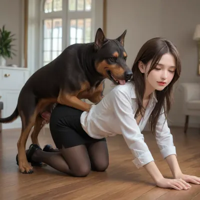 very detailed, beautiful woman, 19 years old, brown long hair, Dog fucks this girl, side view, dog climbed on the girl, medium breasts, curvy shape, woman in office suit, half naked, big dog, huge dog fucks woman, on bedroom floor, huge dick, fucks her pussy, licks lips, woman likes it, woman in white unbuttoned shirt, pencil skirt, black long tights, medium-sized natural tits, elbow on the ground, doggy style, sex with a big dog, lots of cum coming out of the vagina, smile, closed eyes, cum coming out of the vagina, lots of cum coming out of the pussy, cream pie, detailed image, high resolution resolution, resolution, high resolution, taurus, doggie, <lora:taurus_dog_SDXL:.5>, <lora:German_Pointer_XL:.5>