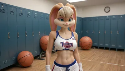 lola bunny getting dressed, massive squishy boobs, rabbit girl, bunny ears, rabbit fur, furry, looney toons basketball jersey, basketball court strip tease, top off shoulder, lifting shirt up to expose breasts, rain nipples, cropped Jersey top, midriff, slightly toned abs, fur on skin, furry skin, furry body, (extremely busty:1), locker room, sports bra, athletic underwear, pants pulled down