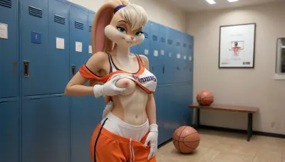 lola bunny getting dressed, massive squishy boobs, rabbit girl, bunny ears, rabbit fur, furry, looney toons basketball jersey, basketball court strip tease, top off shoulder, lifting shirt up to expose breasts, expose breasts, furry breasts, raisin nipples, cropped Jersey top, midriff, slightly toned abs, fur on skin, furry skin, furry body, (extremely busty:1), locker room, sports bra, athletic underwear, pants pulled down