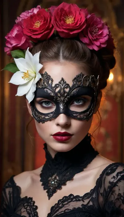 A illustration in bright pastels of a woman with an elaborate, gothic-inspired theme. She is shown from the shoulders up, with her face partially obscured by an ornate masquerade mask. The mask is highly detailed, featuring intricate, symmetrical designs with floral and baroque patterns, giving it a baroque and gothic feel. The woman's lips are painted a deep, dark color, matching the aesthetic of the image. Her hair is styled in an elegant updo, adorned with a crown of large, artificial white flowers, adding a touch of contrast and softness to the otherwise dark and dramatic scene. The background is a richly textured floral pattern, enhancing the baroque theme of the mask and flowers. The lighting is soft yet focused, highlighting the contours of her face and the textures of the mask and flowers, creating a dramatic and mysterious atmosphere. The overall composition is striking, with a strong contrast between the dark elements of the mask and lips and the lighter, softer elements of the flowers and background. The photograph captures a blend of elegance and gothic mystery, making it a captivating and visually rich image. romantic sunset, red, smoke, colorful and vibrant, mystical colors, iridescent perspective view, sweeping circling composition, non-representational, colors and shapes, expression of feelings, imaginative, long shadows, dreamy mood, detailed photo, photorealistic photo, realistic pretty women photo, realistic night vision, soft fokus, parallax, overexposure, photo style, she kneels, cinematic, filmic, scribbled lines, surrender, polychromatic, diffuse, #©KITTYART