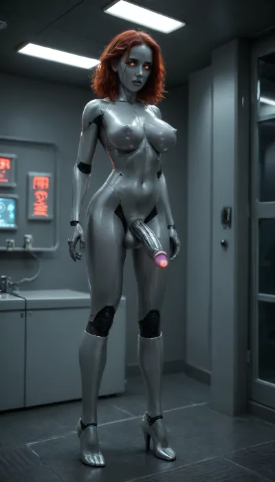 8K, full-length digital artwork of a woman morphing into a futa robot trapped inside a glass column filled with swirling pink gas, full length, clean futuristic mad scientist laboratory, laboratory equipment, electrical circuits, sparking wires, barred window looking out onto futuristic city, night, neon lights, swirling green gas clouds, metallic face, erect metallic penis, large balls, large metallic skinned breasts, shiny metallic skin, shiny black metallic torso, exposed wires, wide hips, thin waist, large buttocks, standing, moulded red plastic hair, perfect eyes, perfect iris, scared, worried expression, Robot, Porcelin Skin, Android, <lora:robot_skin_XL_1.0.6:.8>, robot, transformation, robotization, <lora:RoboTF:.8>, extraterrestrial, sp4c3sh1p, l4b, <lora:extraterrestrial_sp4c3sh1p_l4b:.8>