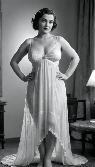 Photorealistic, blackandwhite, hollywood goddess, 40s style, milf, 40 years old, curvy body, (normal slightly saggy tits), wearing only a very short semi-transparent lace nightgown, full length body, cool and classy attitute, by Coco Chanel, pin up, set card, moviestar, detailed, soft focus, 8k, q2, victorianstyle, <lora:victoriansxl_v1:.8>
