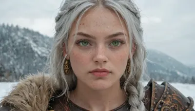 Masterpiece, realistic photography, ultra-realistic, detailed body, detailed face, realistic body, realistic face, green eyes, detailed eyes, realistic eyes angelic face, viking warrior, viking woman hairstyle, 30 years old, viking braid, silver hair, serious look, far look, 3/4 view, peaceful face, woman, viking, viking outfit, realistic outfit, war painting, close-up face, cinematic blur, background blur, large format